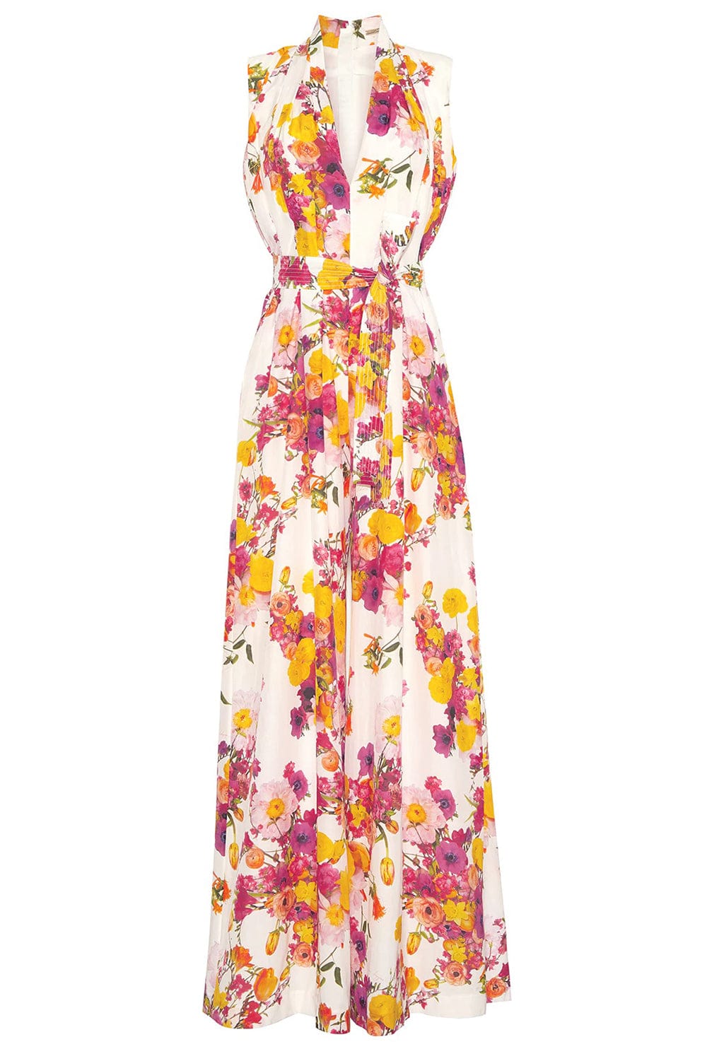 ADAM LIPPES-Sleeveless Belted Jumpsuit-IVORY FLORAL
