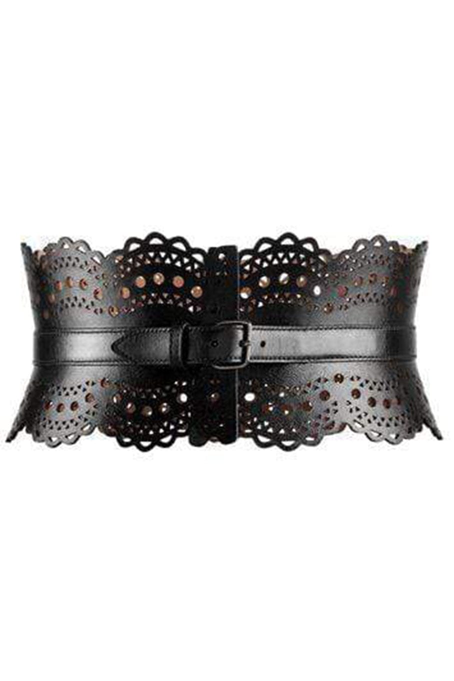 ALAÏA-Black Openwork Leather Corset Belt-