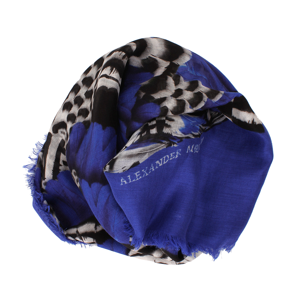 ALEXANDER MCQUEEN-Feather Print Scarf-BLUE/WHT