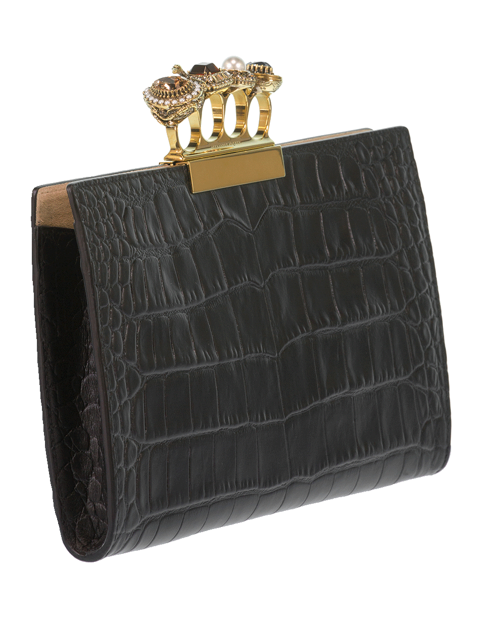 ALEXANDER MCQUEEN-Four Ring Crocodile Embossed Pouch-BLACK