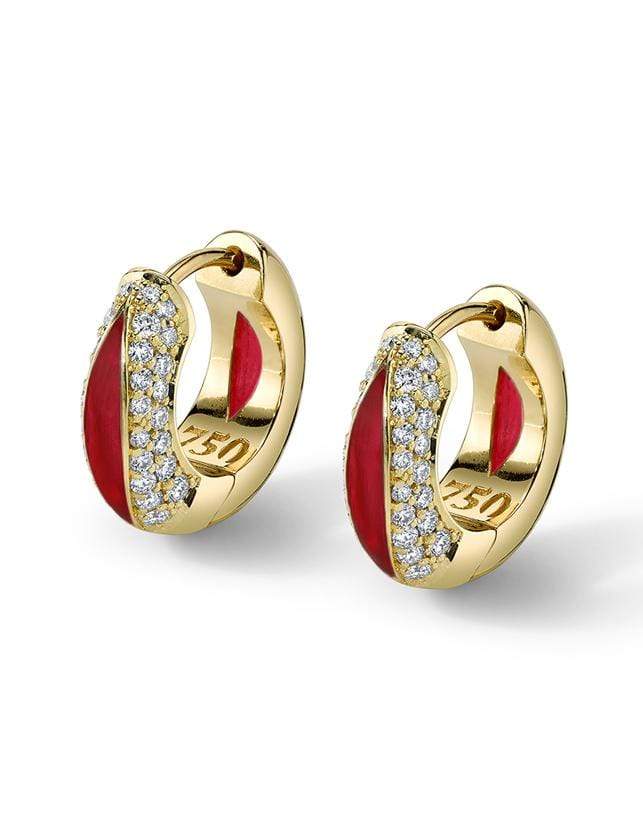 ANDY LIF-Red Enamel and Diamond Huggies-YELLOW GOLD