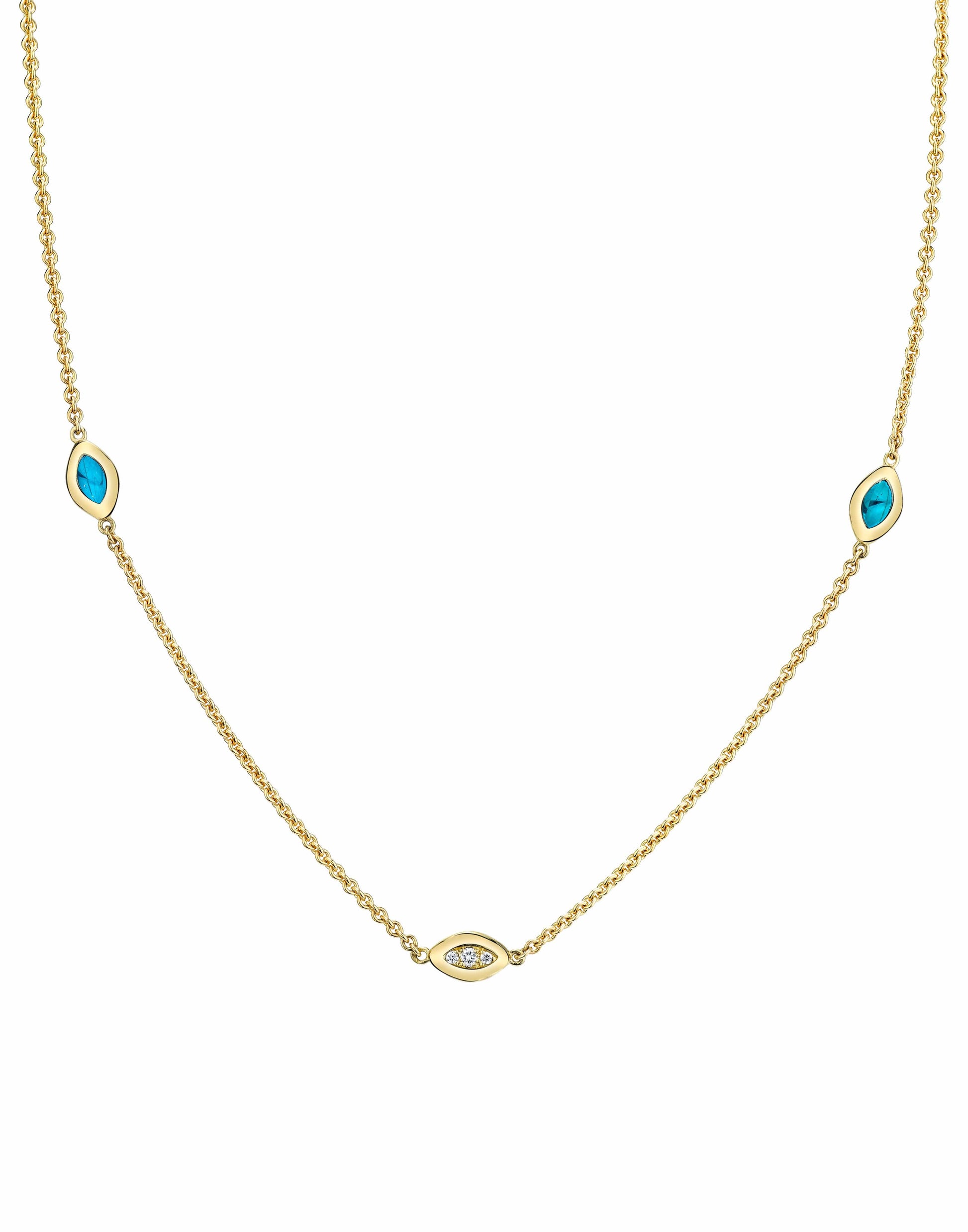 ANDY LIF-Cats Eye Link Necklace Blue Enamel and Diamonds-YELLOW GOLD
