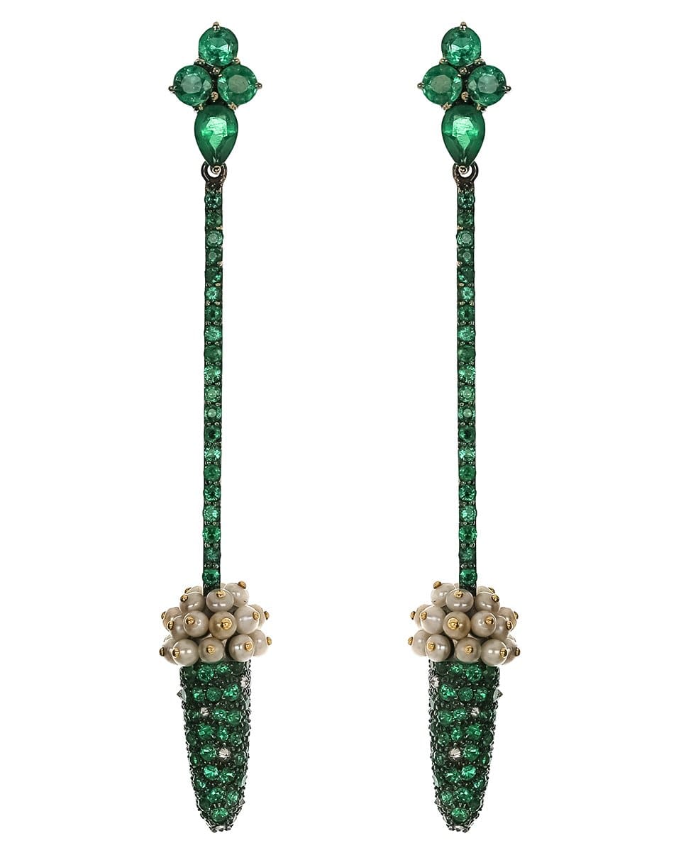 ARUNASHI-Emerald and Pearl Stick Earrings-WHITE GOLD
