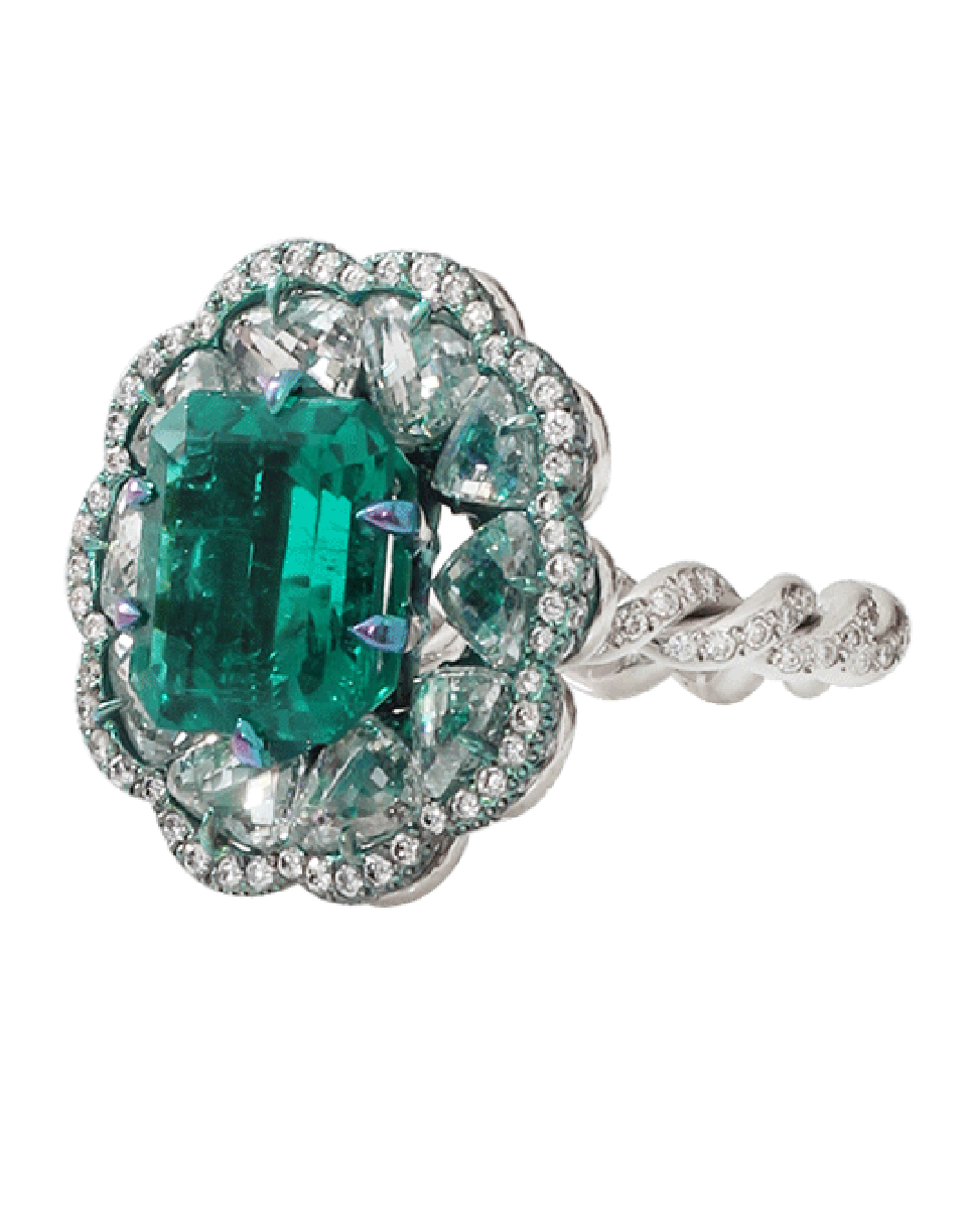 ARUNASHI-Columbian Emerald And Diamond Ring-WHITE GOLD
