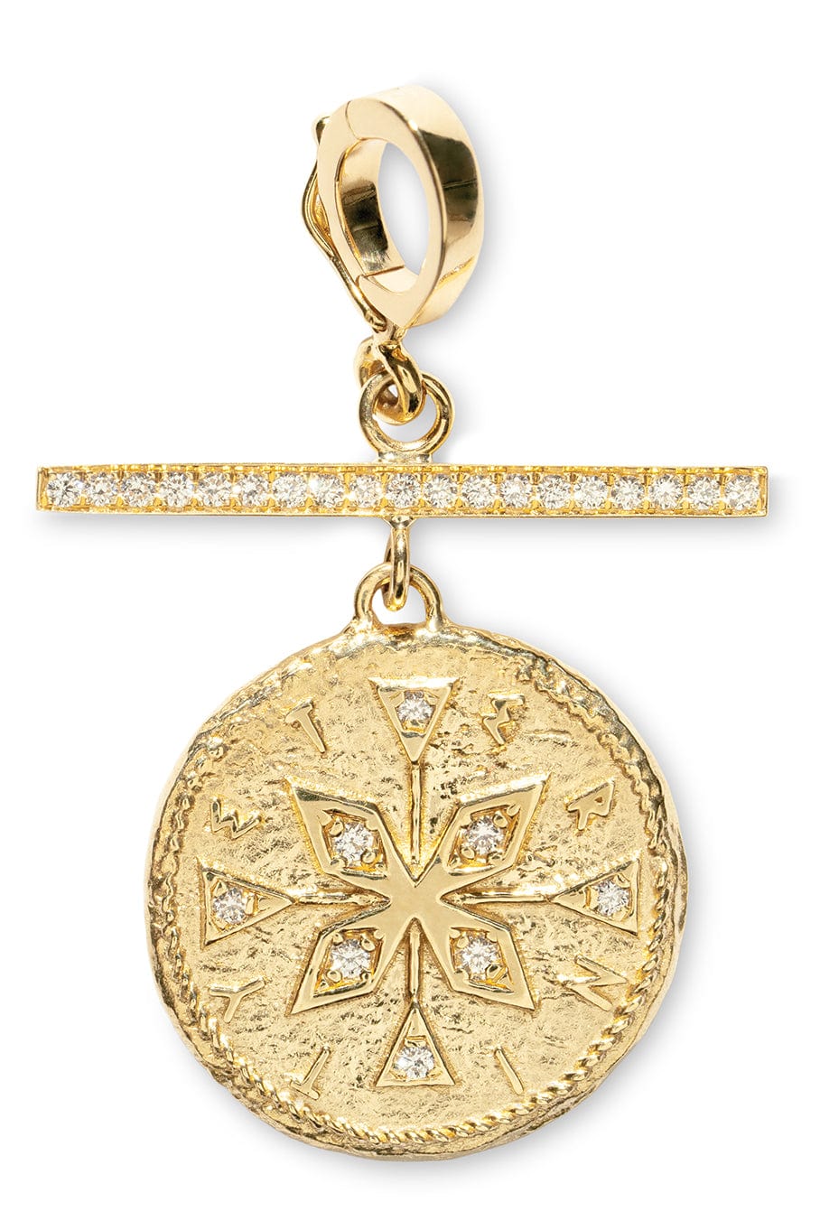 AZLEE-Small Compass Pave Bar Diamond Coin Charm-YELLOW GOLD
