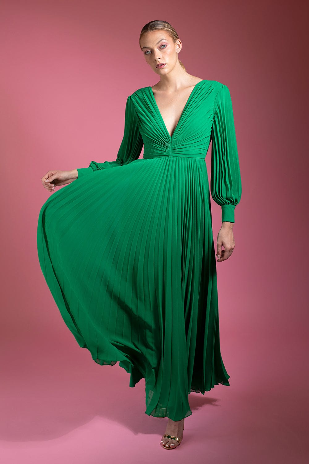 BADGLEY MISCHKA-Pleated V Neck Gown - Palm Green-PALM GREEN