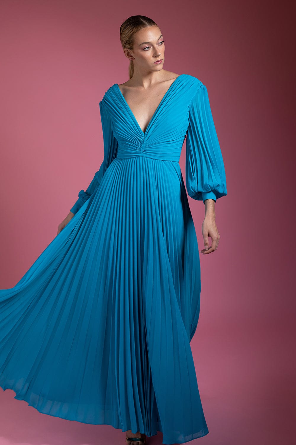 BADGLEY MISCHKA-Pleated V Neck Gown - Turquoise-