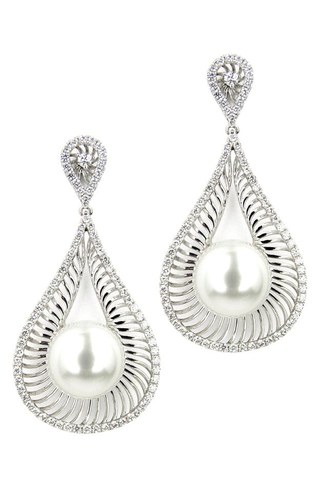 BAGGINS-Diamond Fan Pearl Drop Earrings-WHITE GOLD