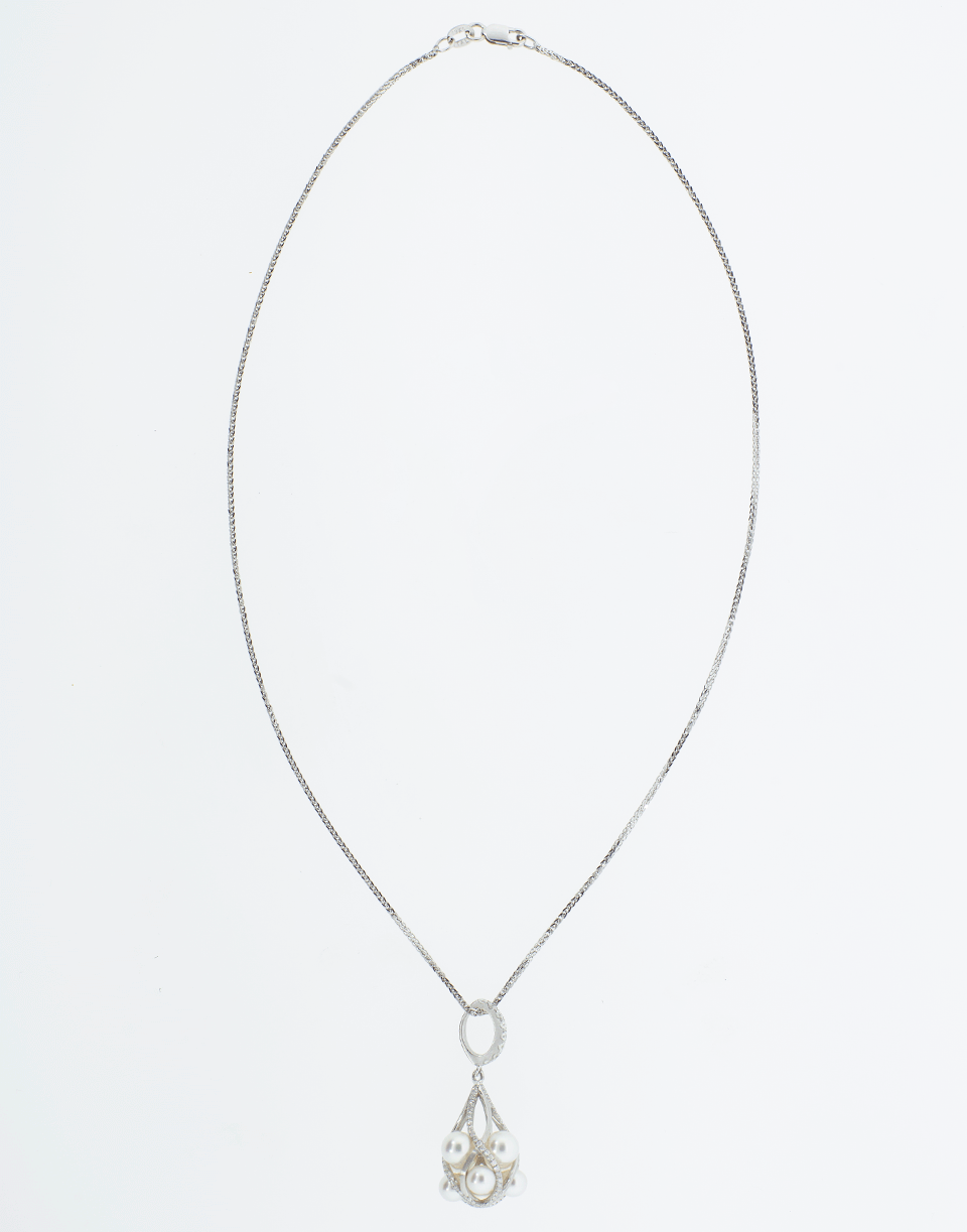 BAGGINS-Akoya Pearl Diamond Basket Pendant Necklace-WHITE GOLD