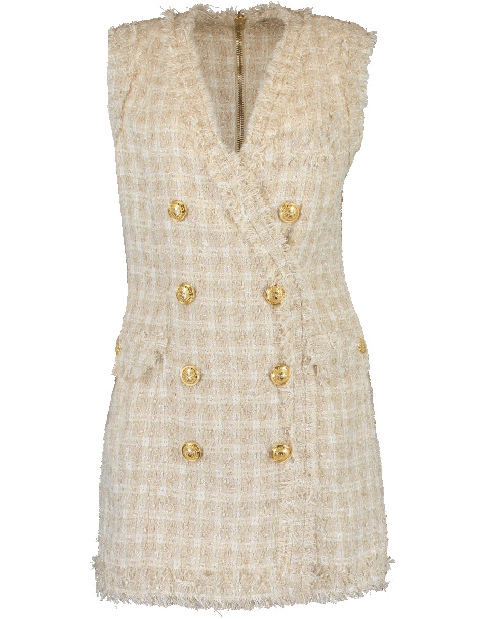BALMAIN-Fringe Tweed Button Dress-