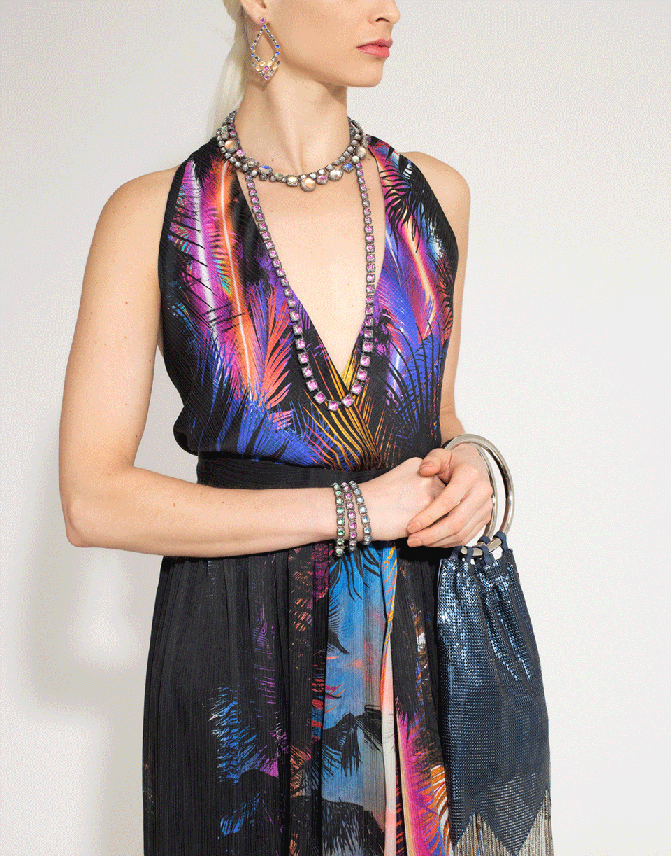 BALMAIN-Tropical Print Halter Neck Belted Silk Maxi Dress-
