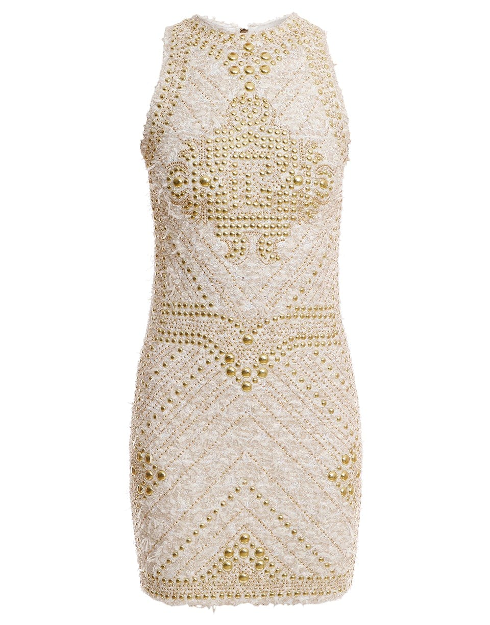 BALMAIN-Sleeveless Embroidered Tweed Dress-BLANC