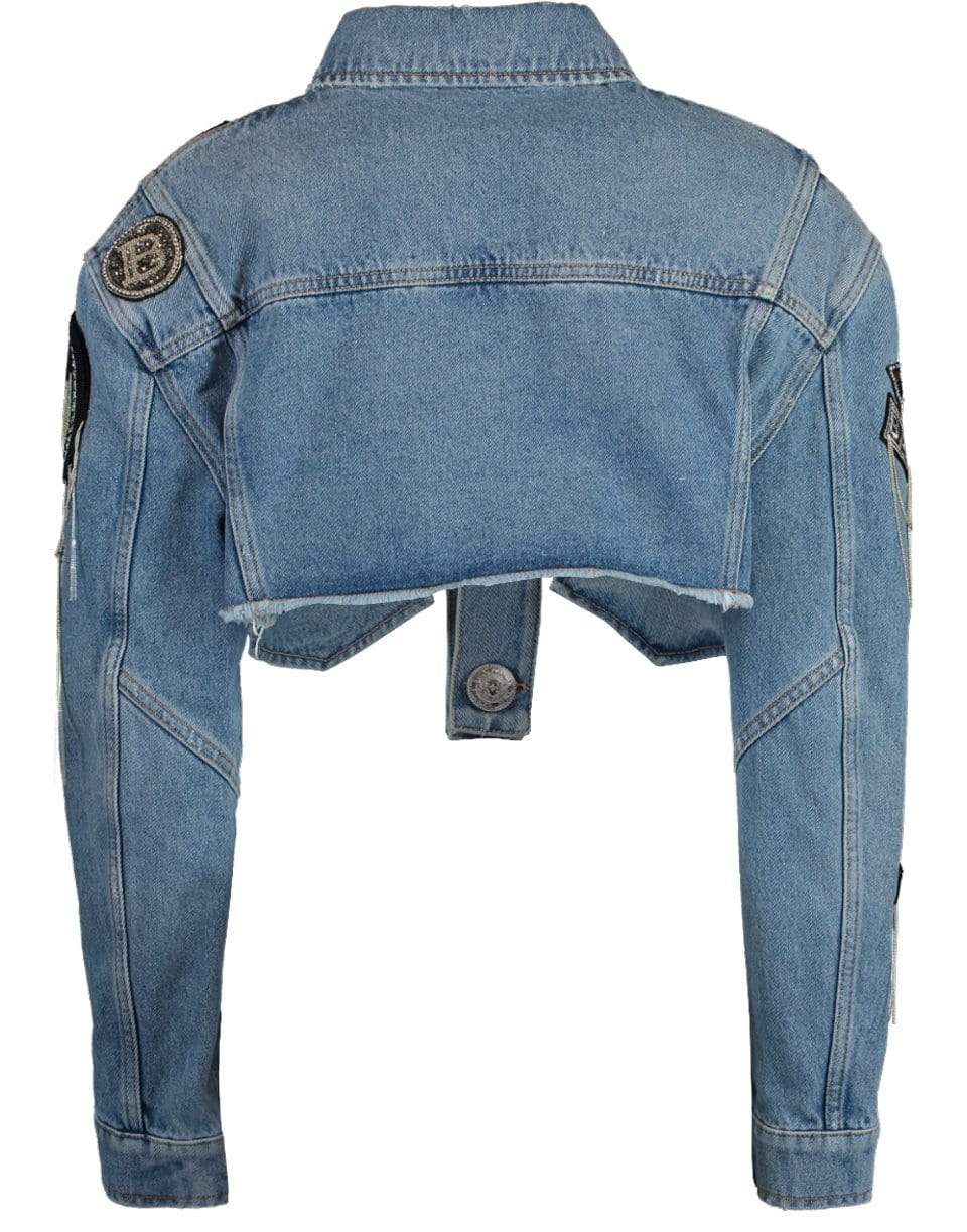 BALMAIN-Cropped Embroidered Denim Jacket-BLUE