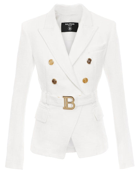 Balmain White Belted Monogram Denim Jacket Balmain