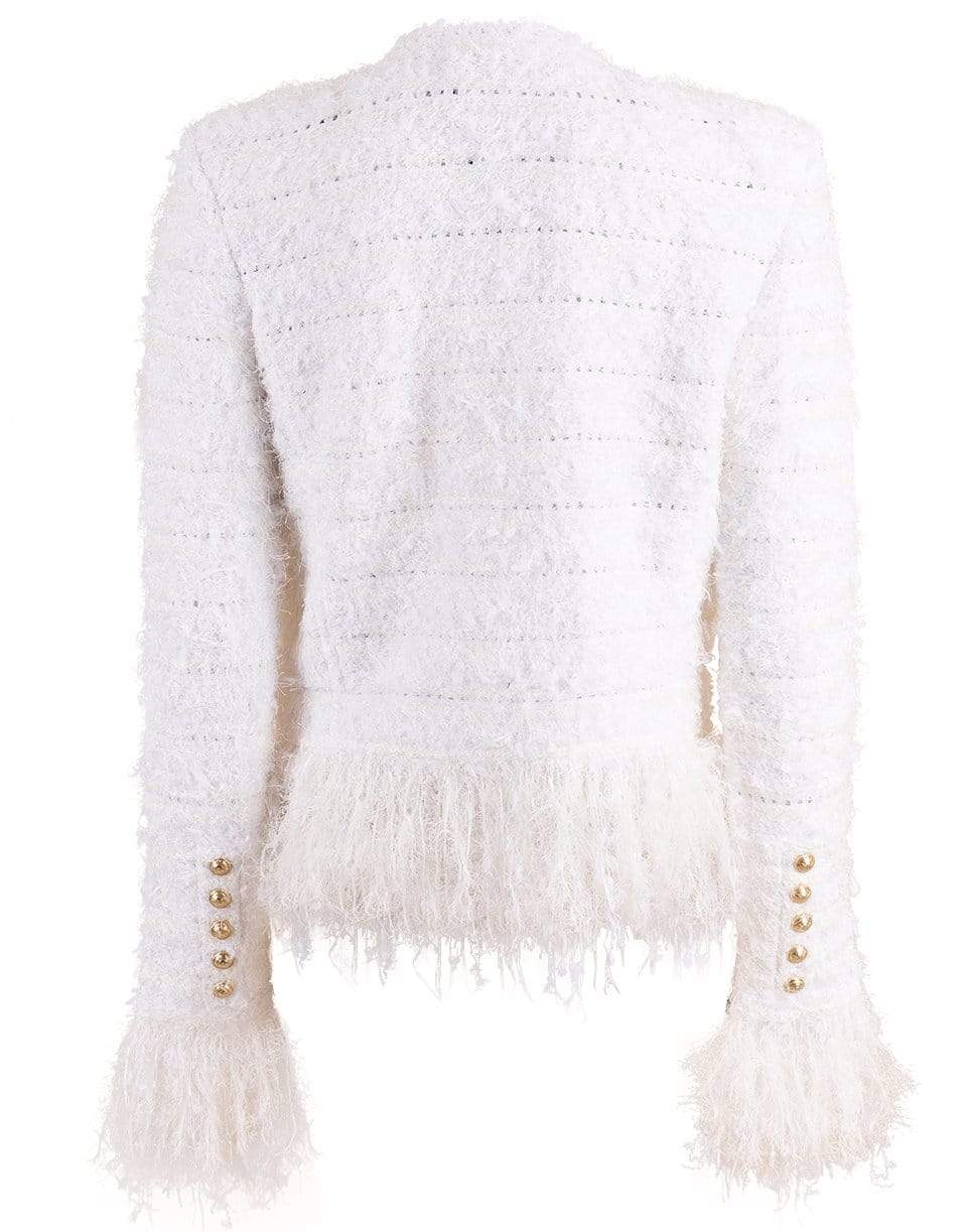 BALMAIN-Blanc Collarless Fringe Tweed Jacket-
