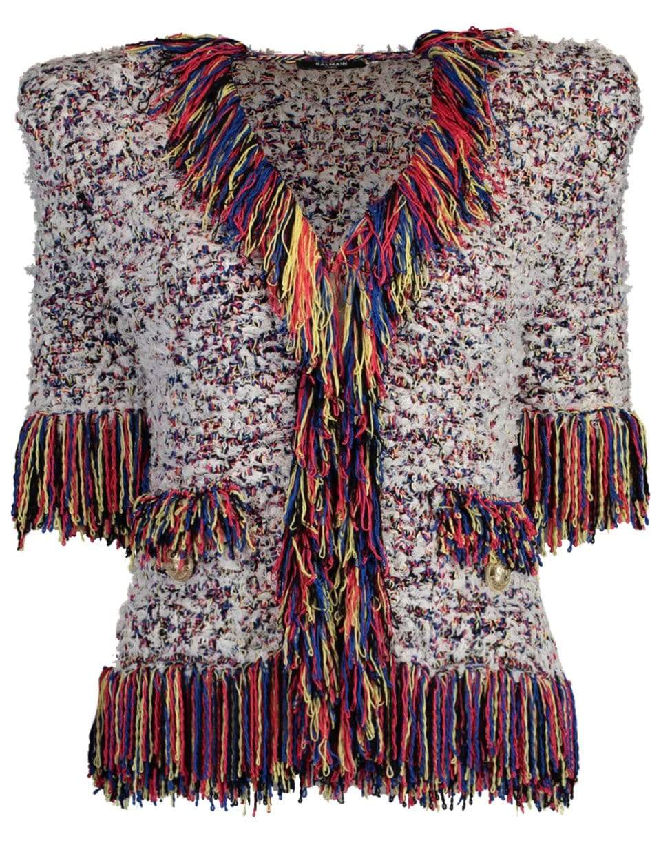 BALMAIN-Mutli-Color Collarless Fringe Tweed Jacket-