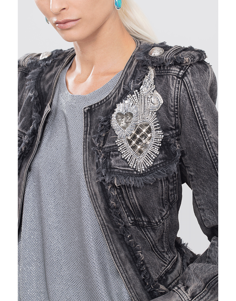BALMAIN-Collarless Embroidered Denim Jacket-NOIR