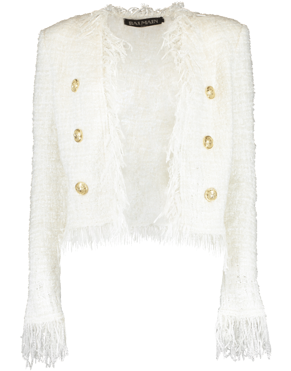 White Collarless Fringe Tweed Jacket CLOTHINGJACKETMISC BALMAIN   