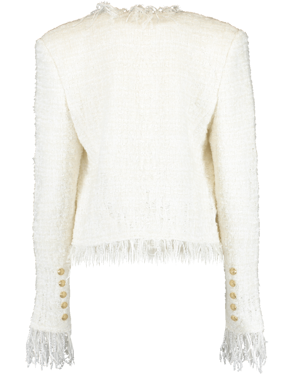 BALMAIN-White Collarless Fringe Tweed Jacket-