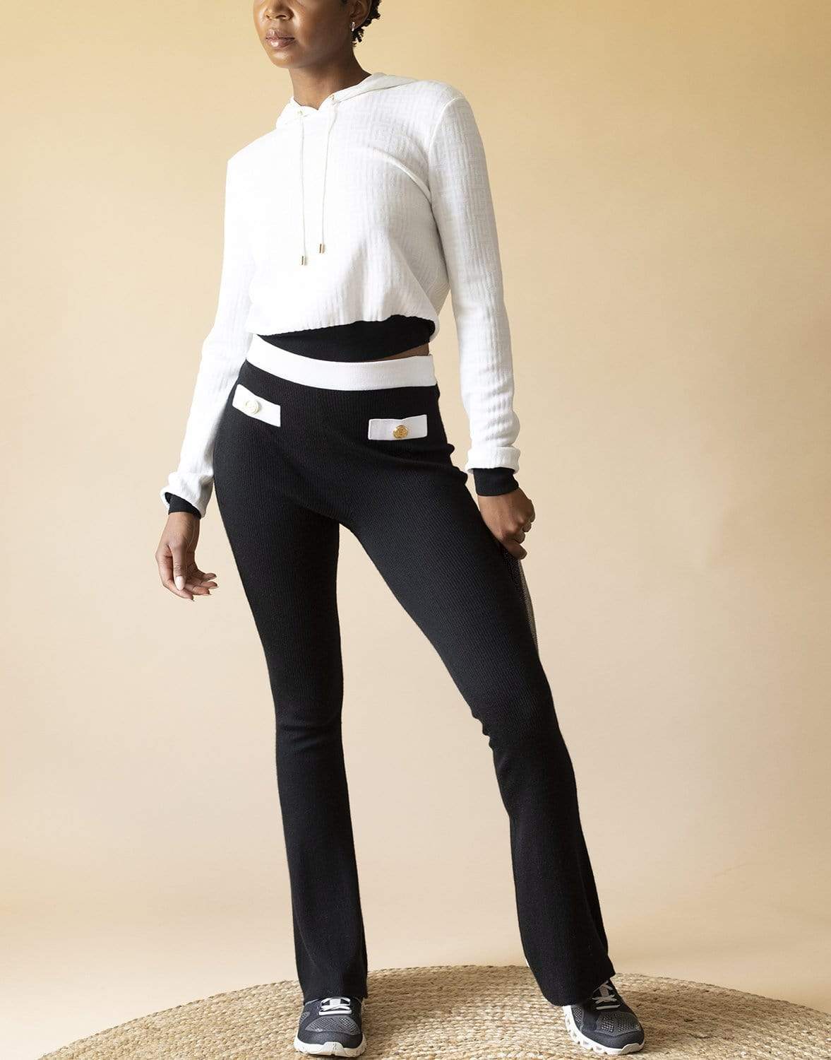 BALMAIN-Black and White Stretch Ribbed Bootcut Pant-NOIR