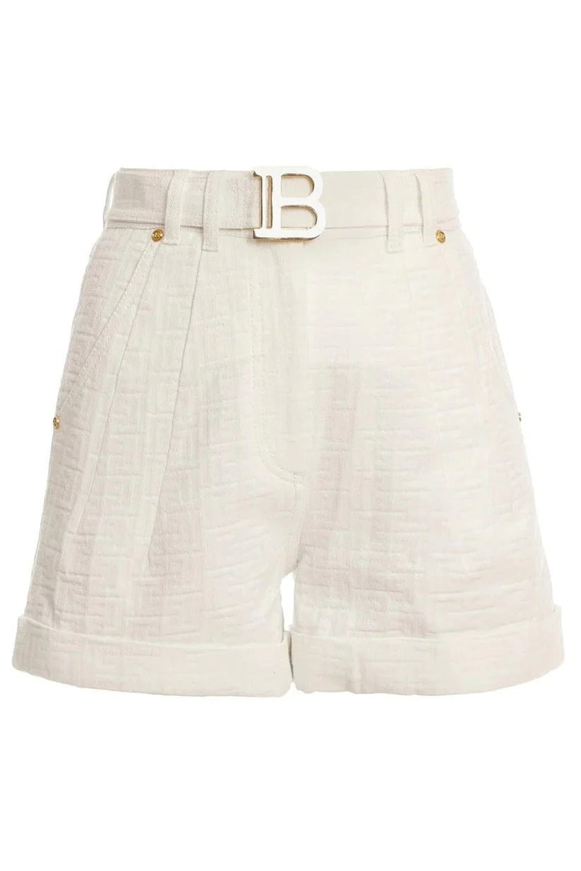 BALMAIN-Belted Monogram Denim Shorts-