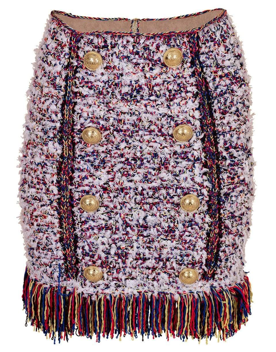 BALMAIN-Button Front Fringe Tweed Skirt-