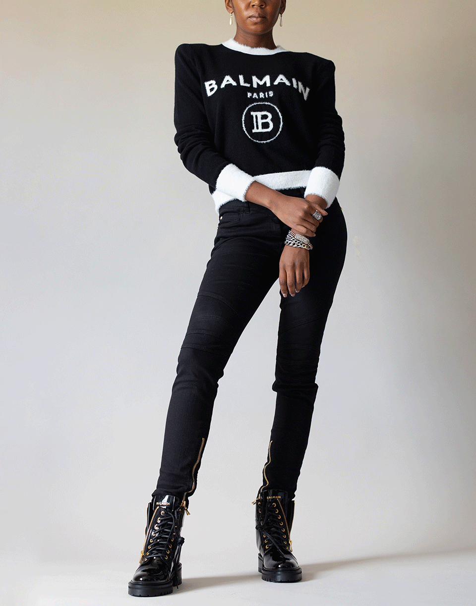 BALMAIN-Black and White Cropped Fuzzy Logo Sweater-