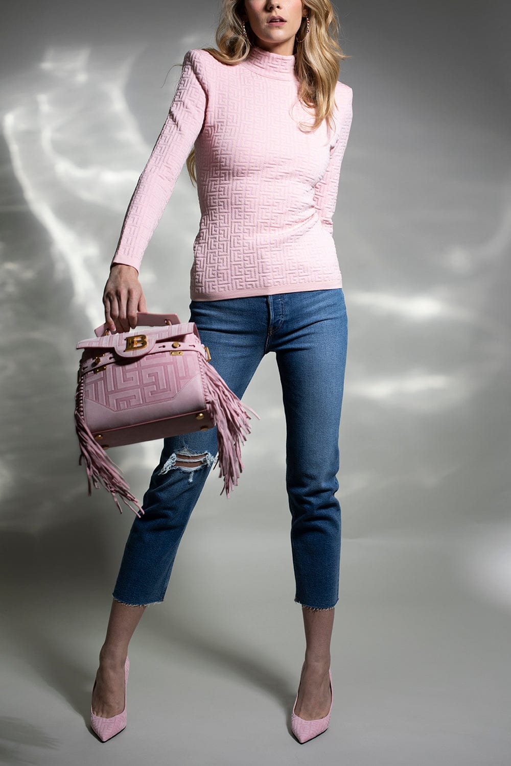 BALMAIN-Long Sleeve Monogram Knit Sweater - Rose-