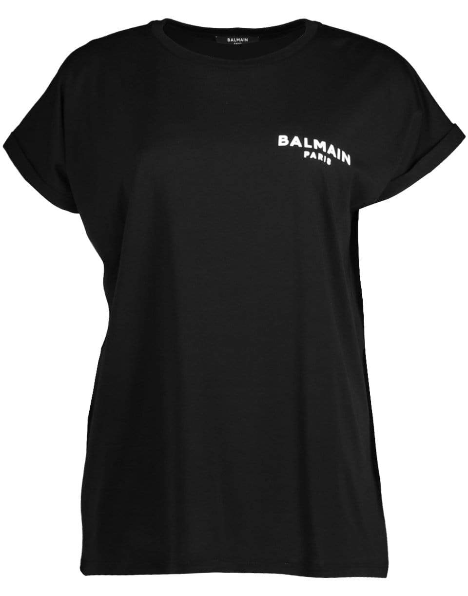 BALMAIN-Black Short Sleeve Flocked Logo Detail T-Shirt-