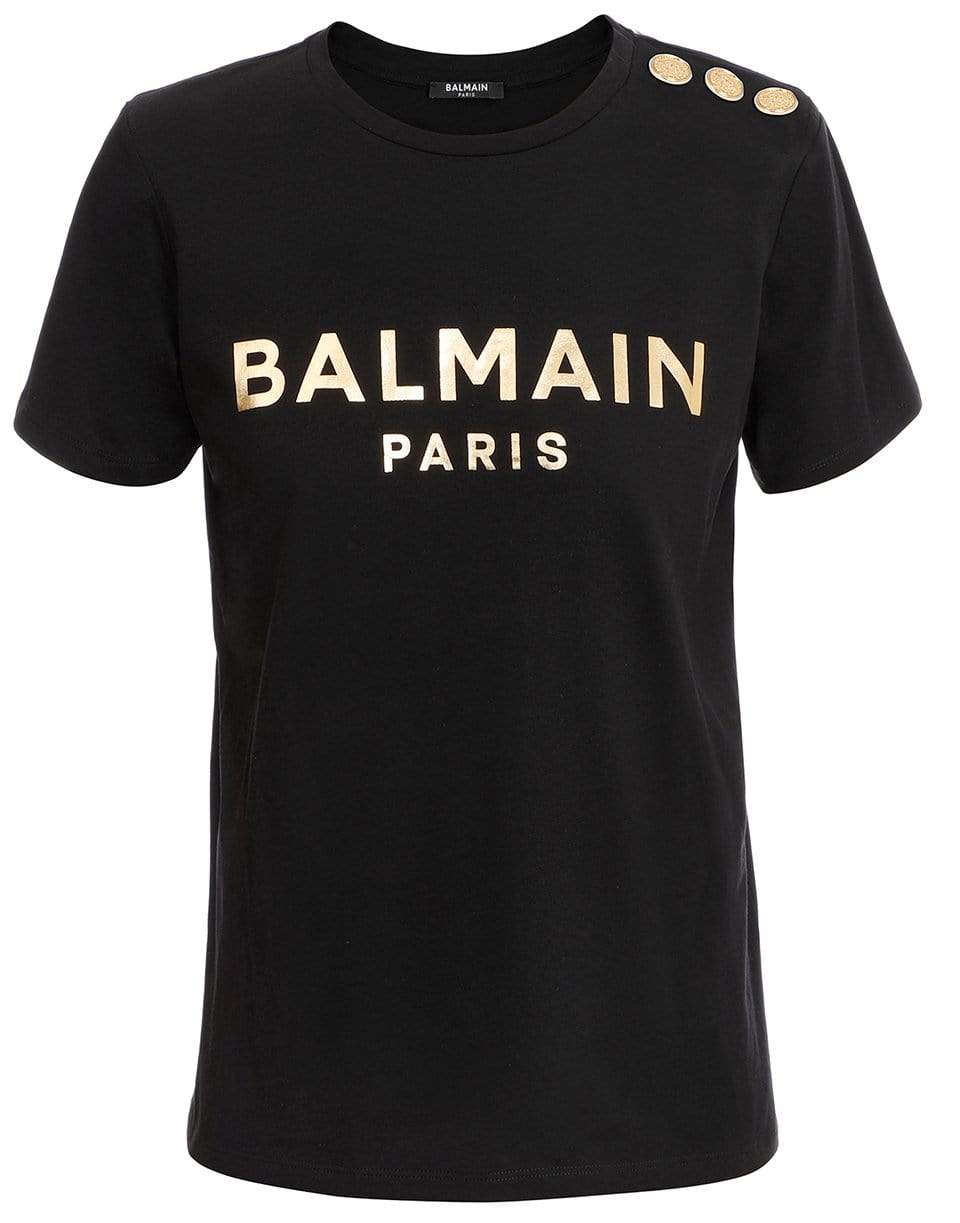 BALMAIN-Metallic Balmain Logo Black T-Shirt-