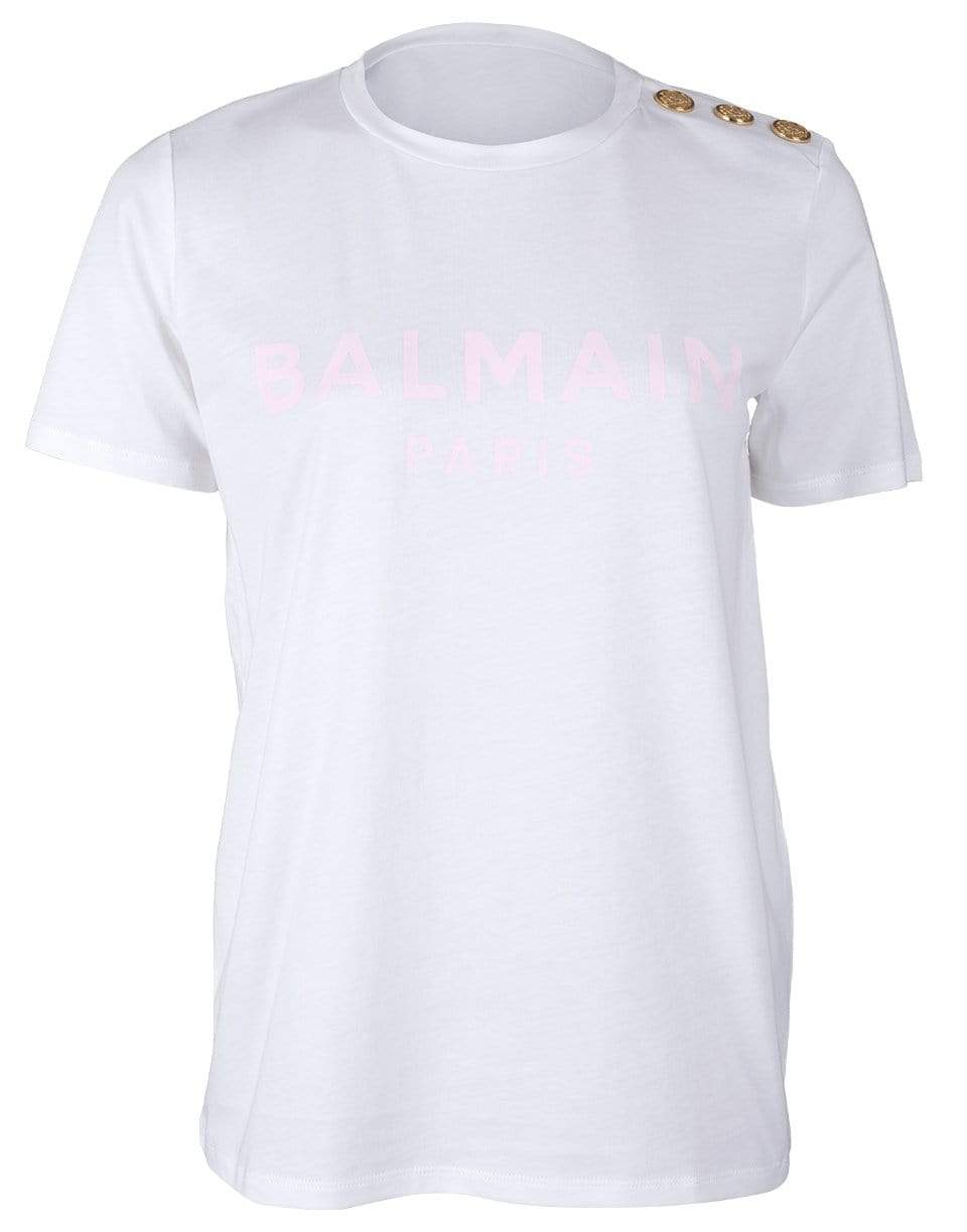 BALMAIN-White and Pale Rose Balmain Logo T-Shirt-