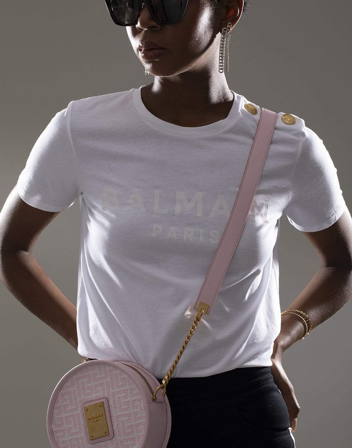 BALMAIN-White and Pale Rose Balmain Logo T-Shirt-