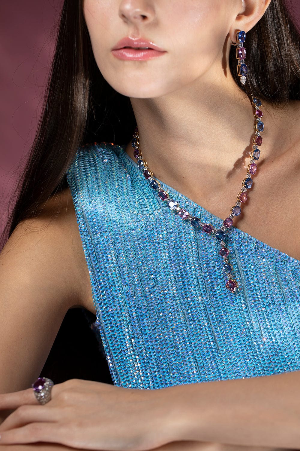 BAYCO-Cushion Blue and Pink Sapphire Necklace-PLAT