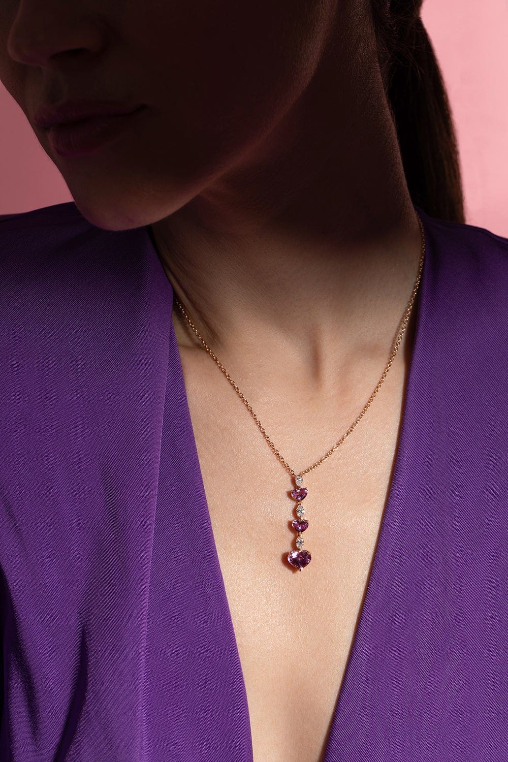 BAYCO-Pink Sapphire and Diamond Hearts Necklace-ROSE GOLD