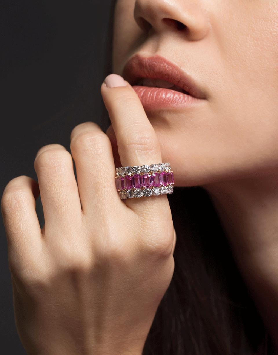 BAYCO-Triple Eternity Emerald Cut Pink Sapphire Diamond Ring-PLATINUM