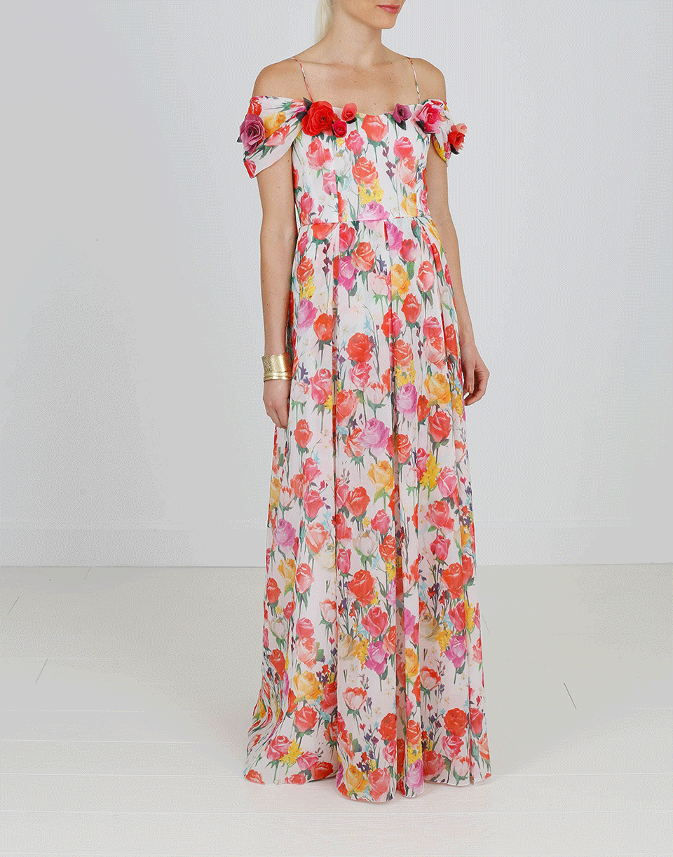 BLUMARINE-Off Shoulder Floral Gown-BIANCO
