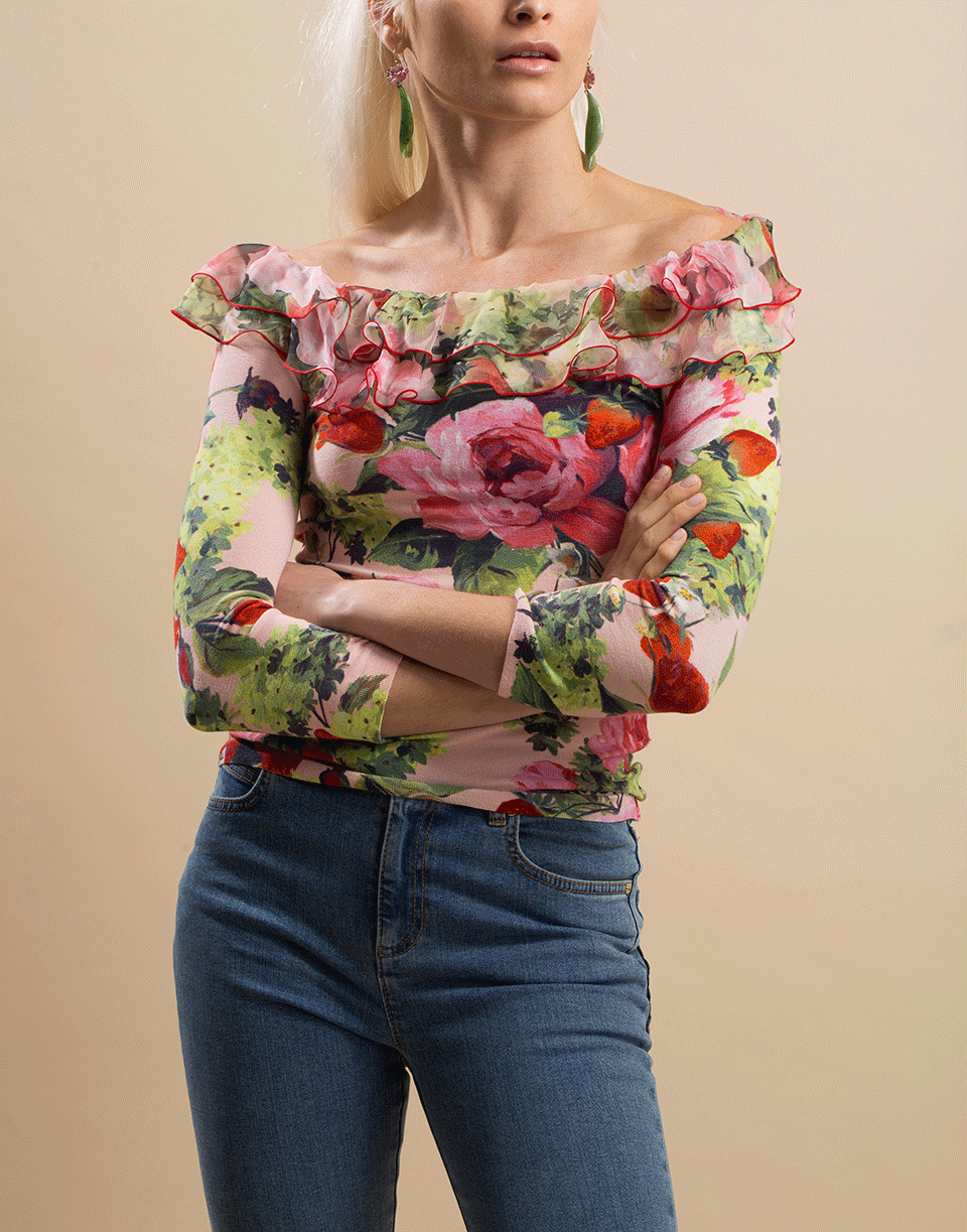 BLUMARINE-Boatneck Floral Print Sweater-