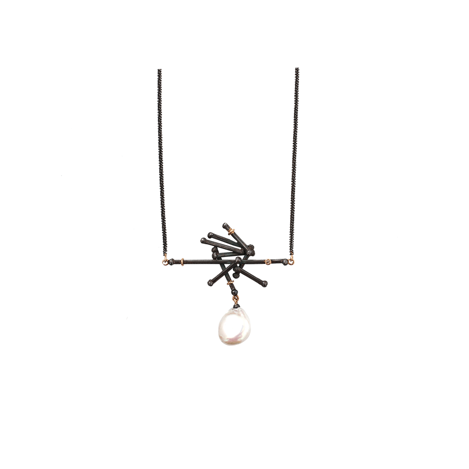 BOAZ KASHI-Pearl Drop Criss Cross Necklace-SILVER