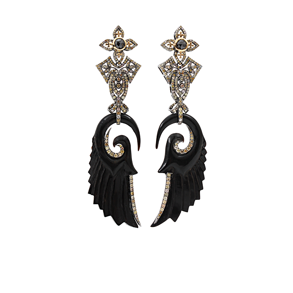 BOCHIC-Carved Jet Earrings with Diamonds-WHITE GOLD