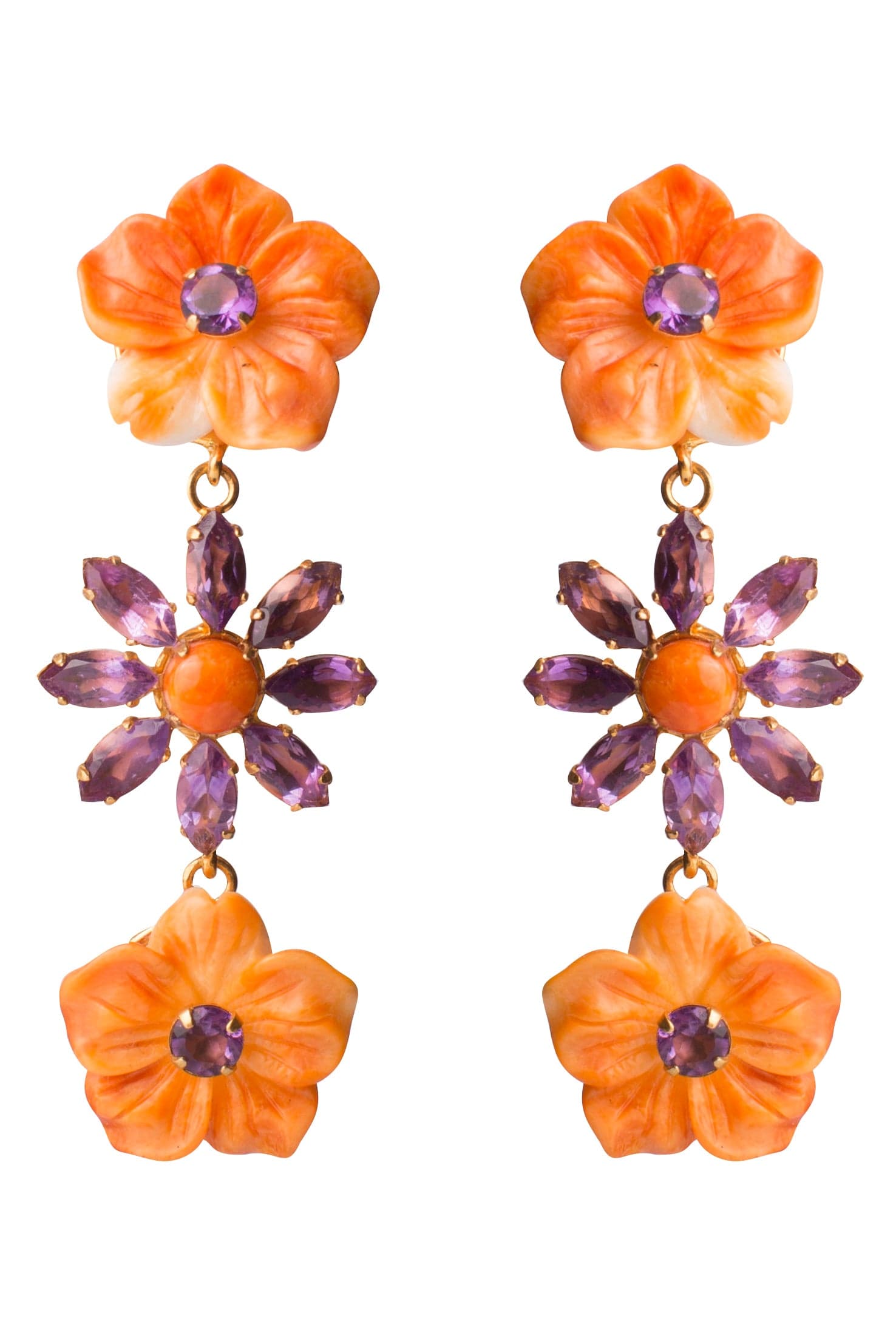 BOUNKIT JEWELRY-Amethyst and Spiny Oyster Flower Earrings-GOLD