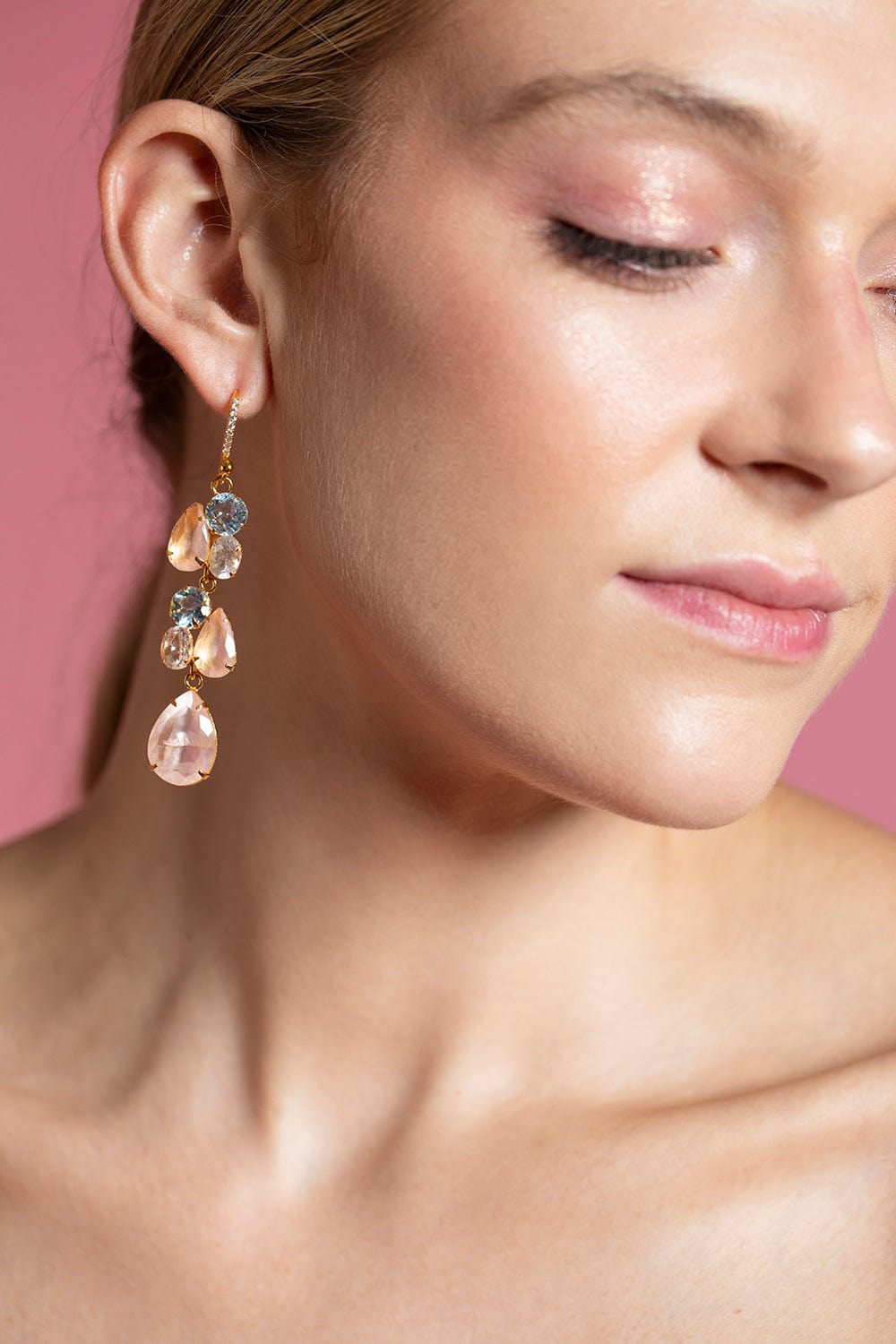 BOUNKIT JEWELRY-Blue Quartz , Rose Quartz and Moonstone Earrings-GOLD