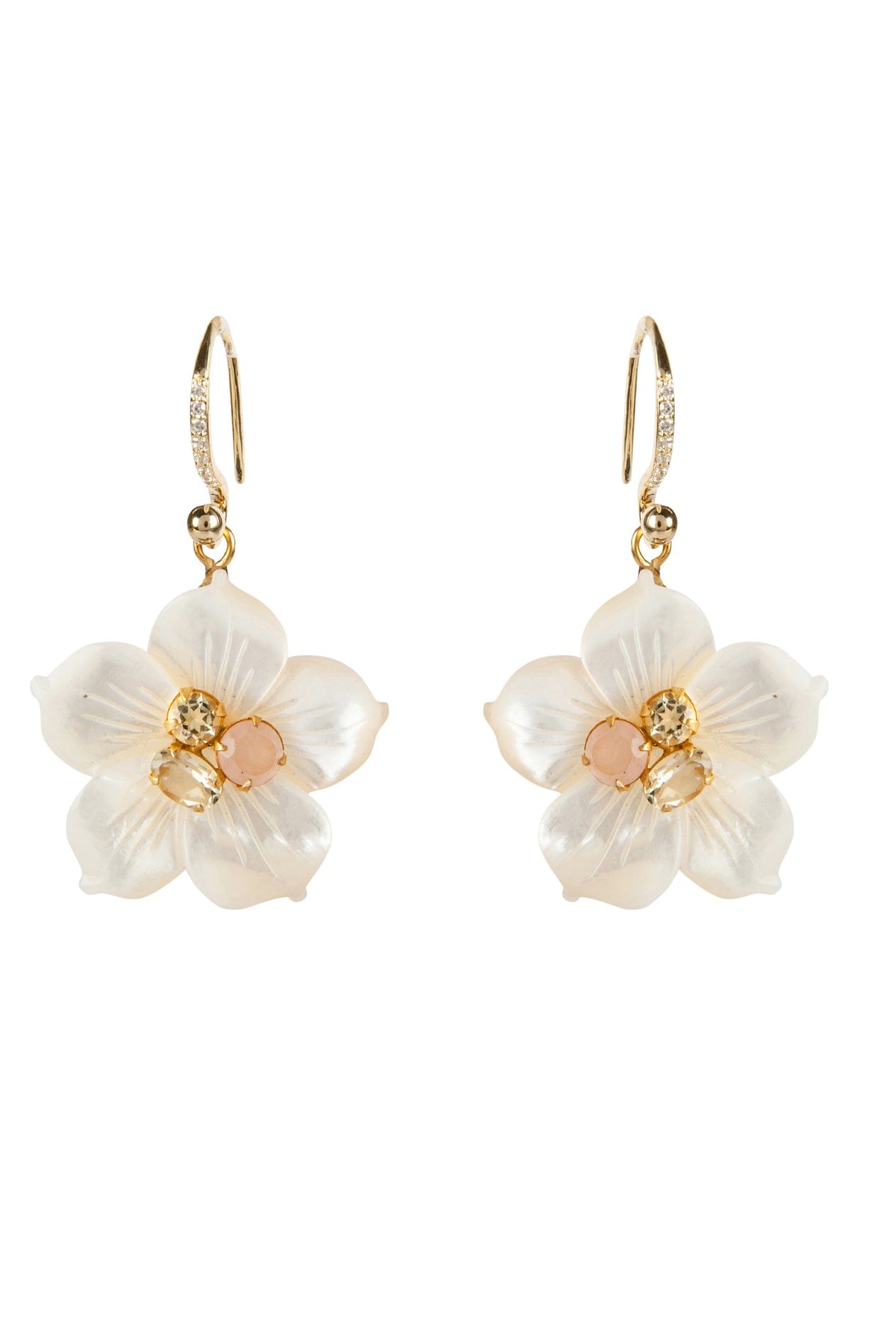 BOUNKIT JEWELRY-Carved Mother of Pearl Flower Drop Earrings-GOLD