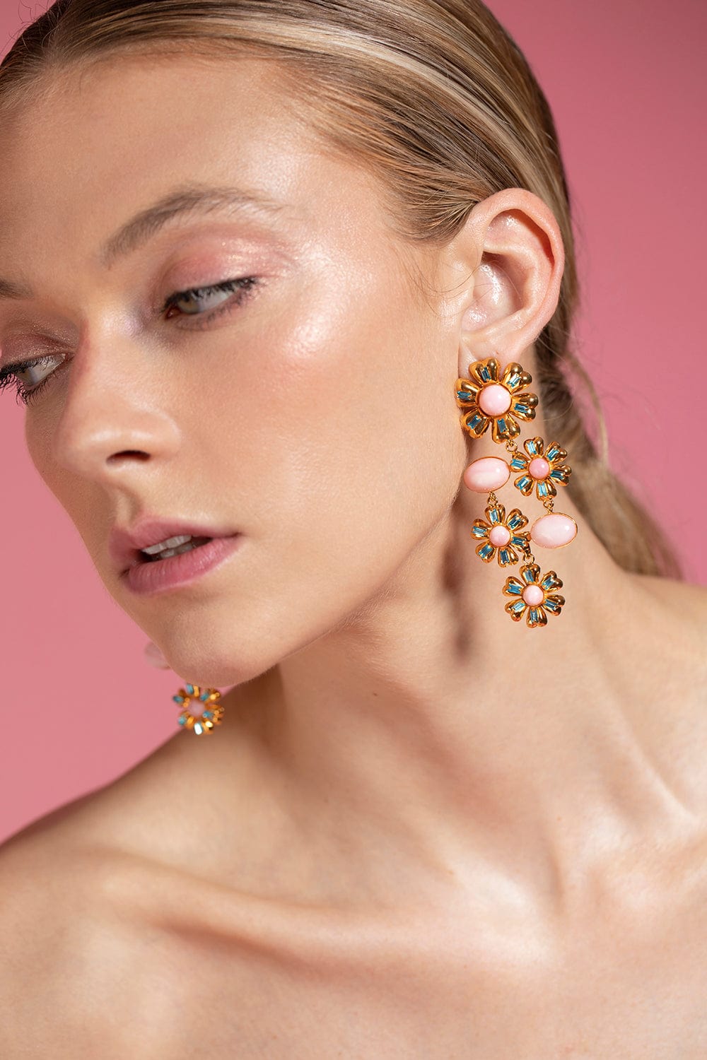 BOUNKIT JEWELRY-Pink Opal and Blue Quartz Drop Earrings-GOLD