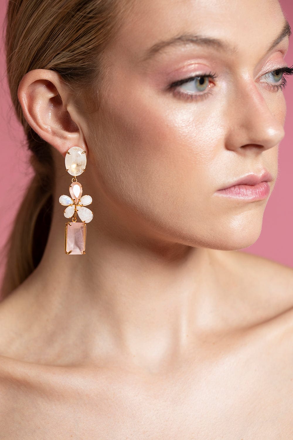 BOUNKIT JEWELRY-Rose Quartz and Moonstone Earrings-GOLD