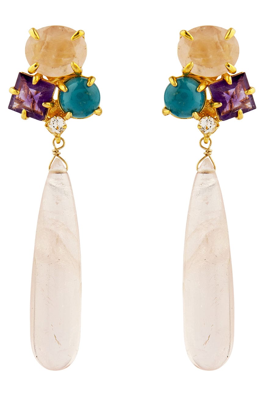 BOUNKIT JEWELRY-Rose Quartz, Turquoise and Amethyst Drop Earrings-GOLD