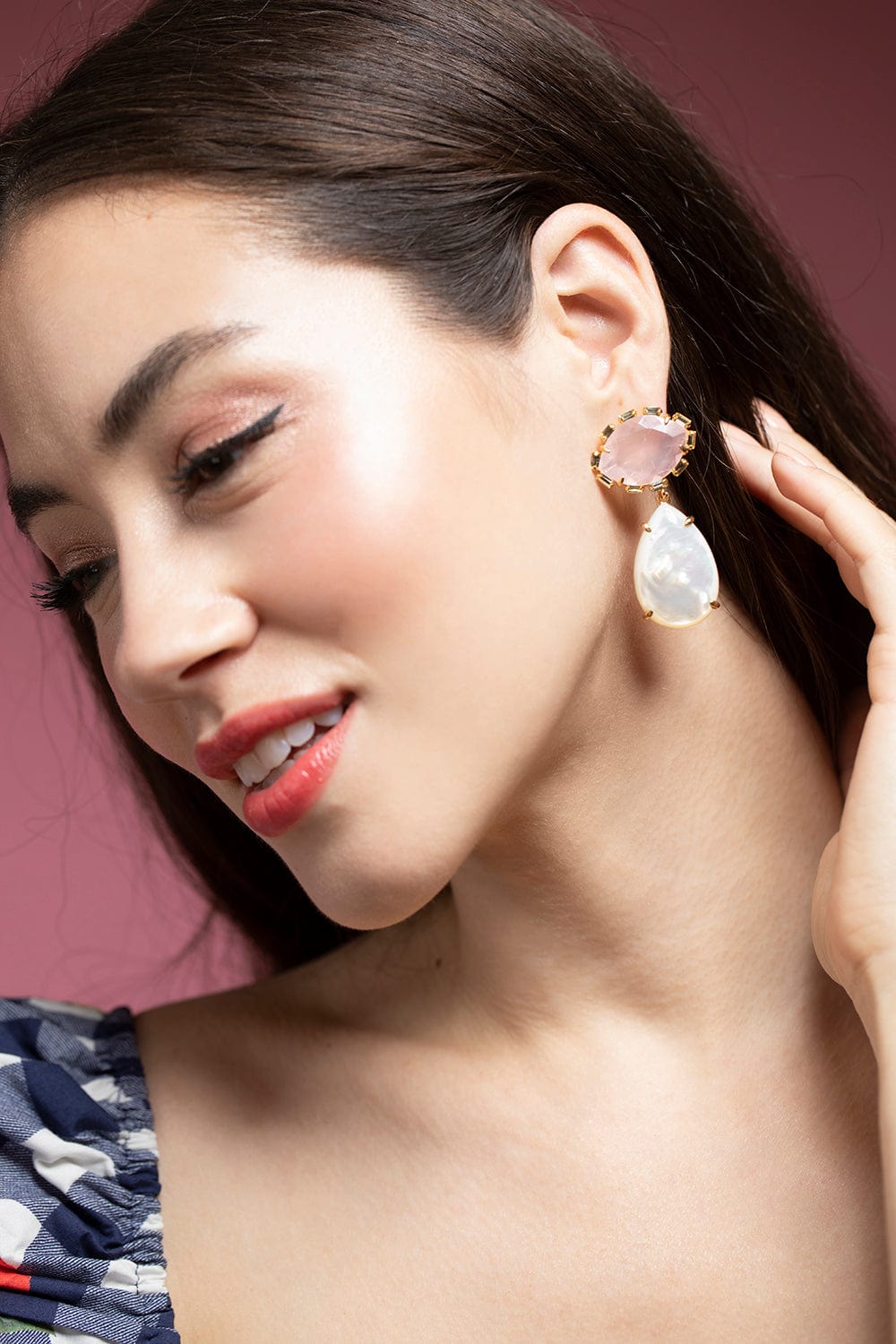 BOUNKIT JEWELRY-Rose Quarz and Mother of Pearl Drop Earrings-GOLD