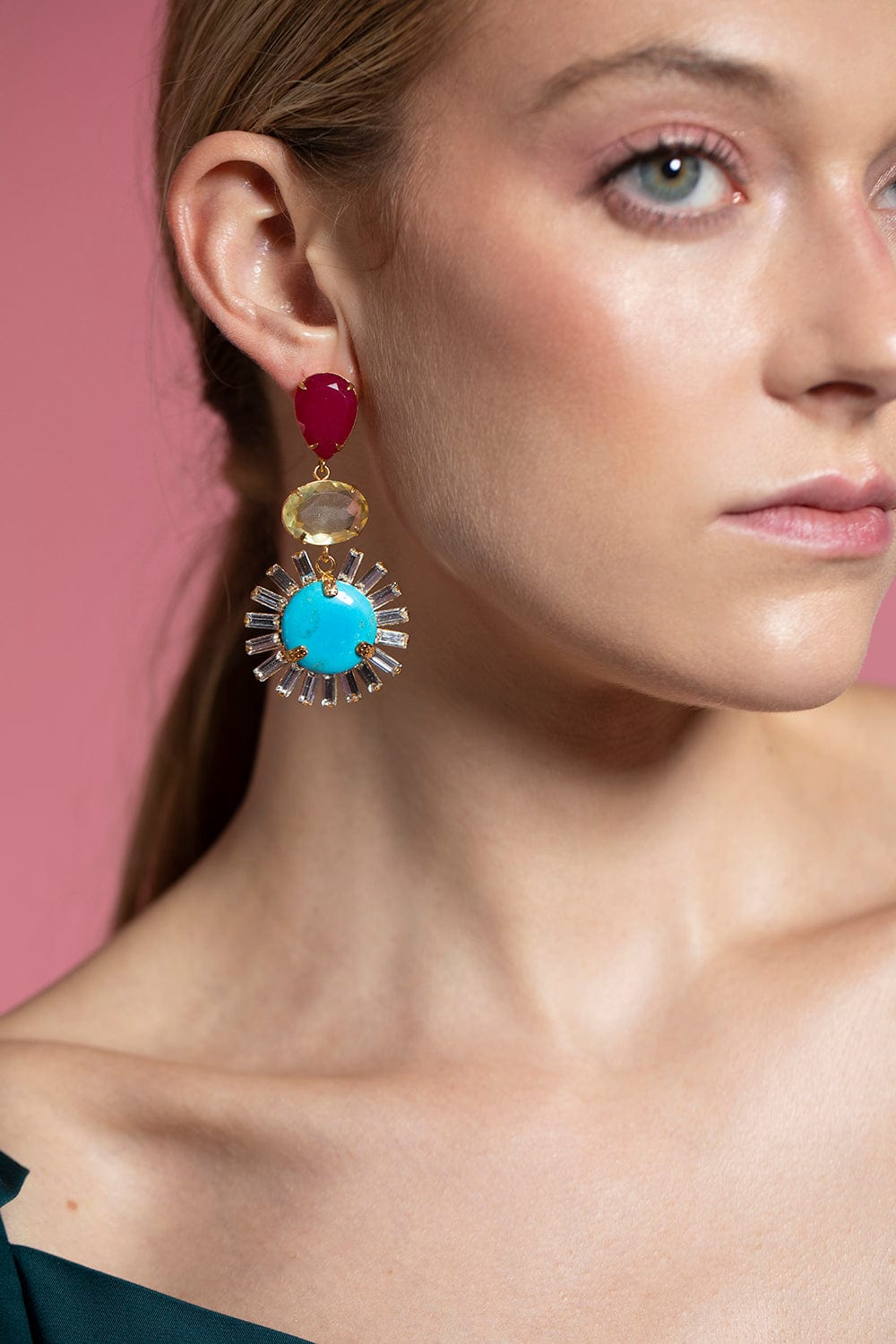 BOUNKIT JEWELRY-Turquoise, Lemon Quartz and Ruby Statement Earrings-GOLD