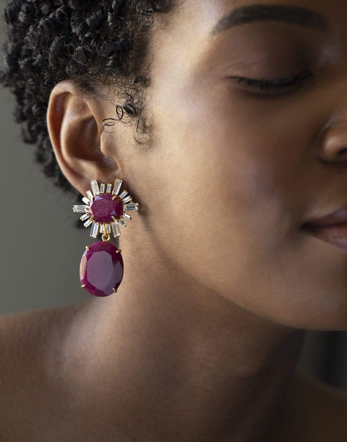BOUNKIT JEWELRY-Indian Ruby & Cubic Zirconia Baguette Statement Earrings-PINK