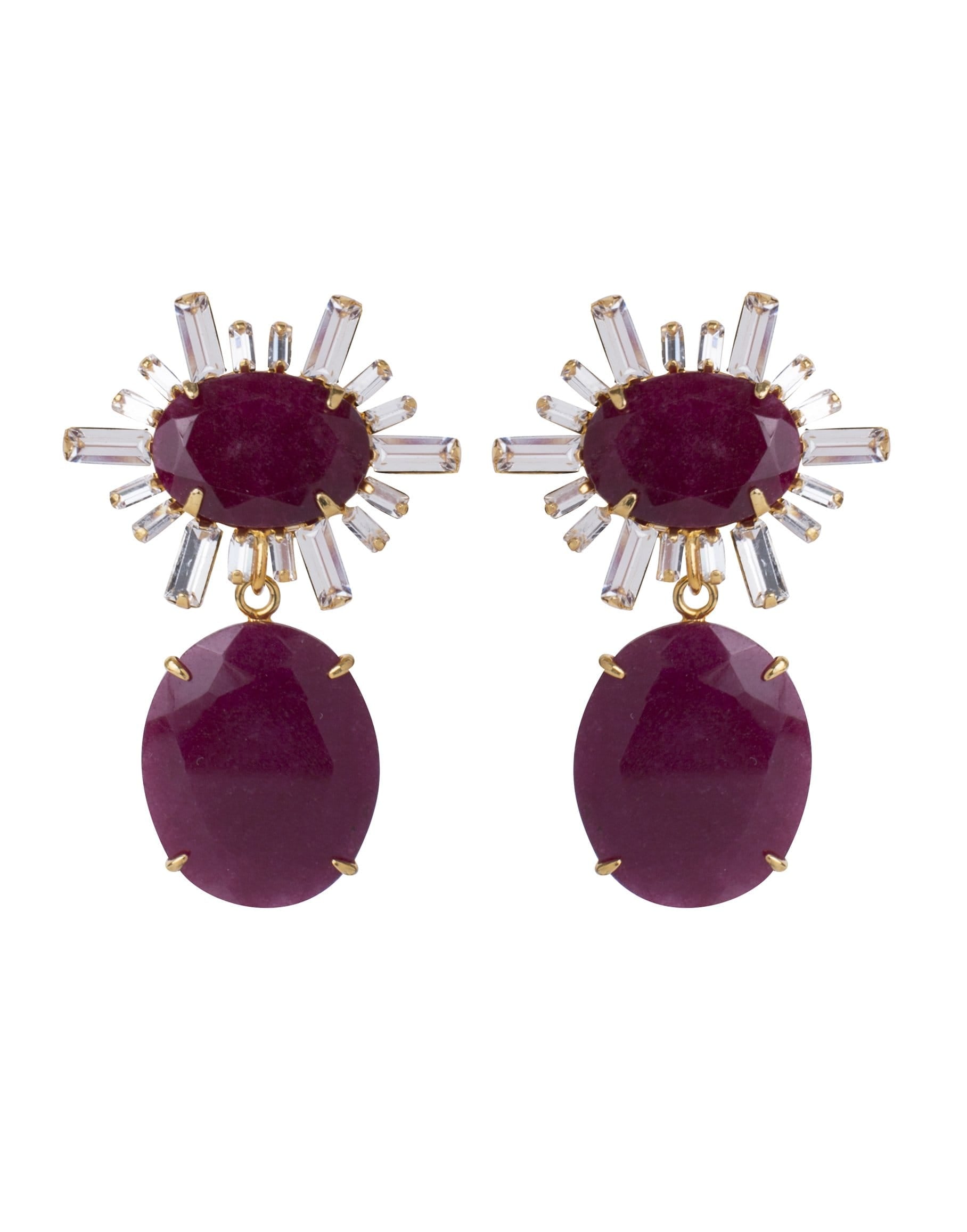 BOUNKIT JEWELRY-Indian Ruby & Cubic Zirconia Baguette Statement Earrings-PINK