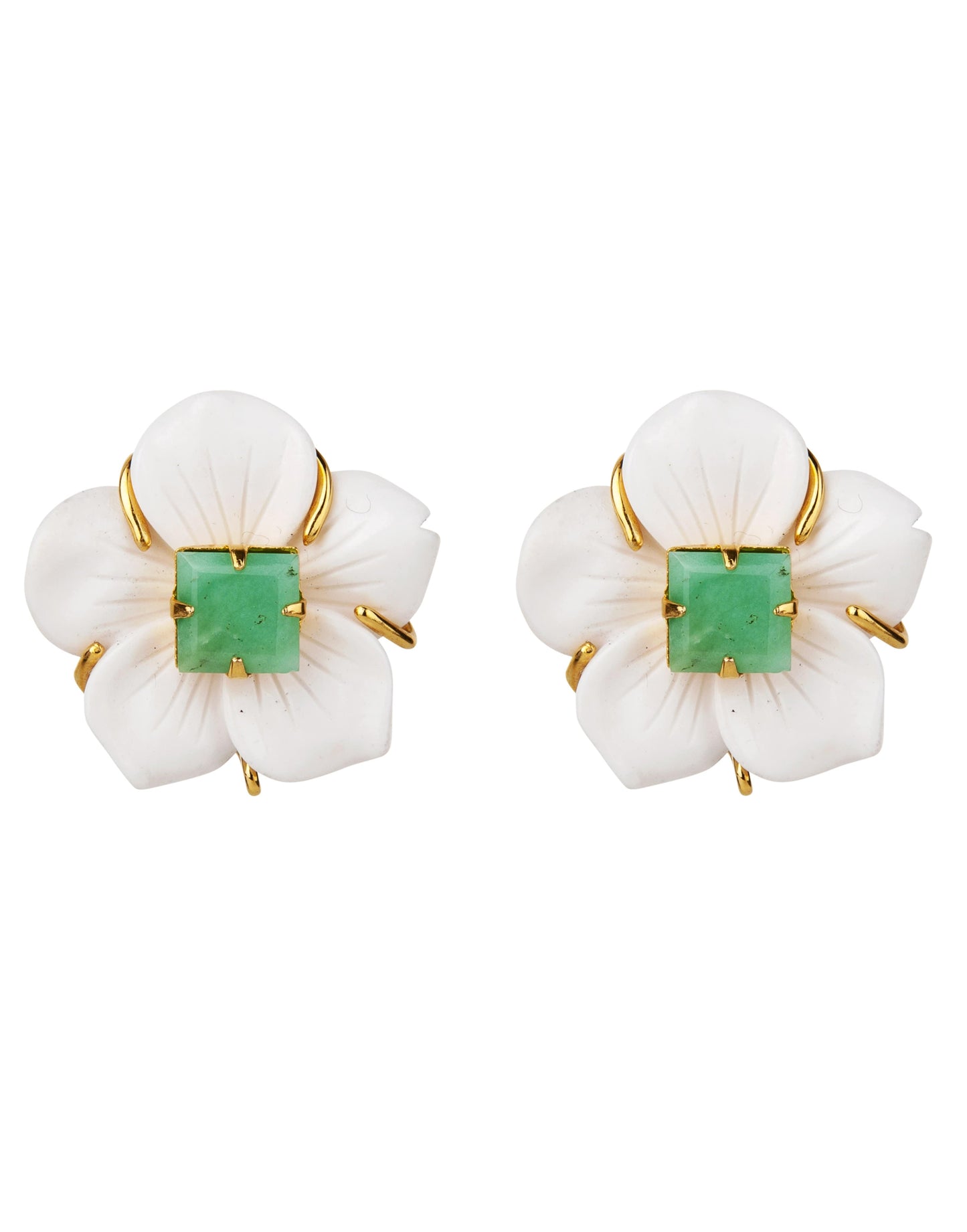 BOUNKIT JEWELRY-Carved White Agate & Chrysoprase Flower Earrings-WHITE